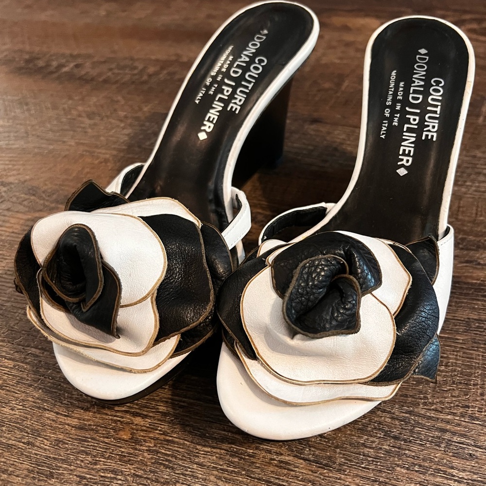 Couture Donald J. Pliner Floral Leather Wedge Heels Black & White Tease 108 Sz 6